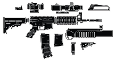 Vector drawing of an popular M4 assault rifle with adjustable stock and equipment such as a magazines, optical sights, collimator, granade launcher and handgrips on a white background. Black.