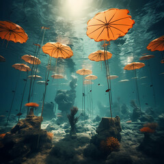 Surreal underwater scene with floating umbrellas