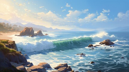 A sun-drenched coastal scene with waves crashing against rocks in the daytime, portraying the dynamic beauty of a seaside landscape - Generative AI