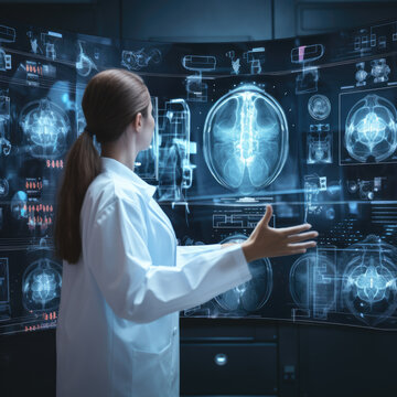 Female doctor in white coat looking at disease on computer