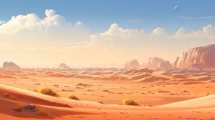 Fototapeta na wymiar A sun-kissed desert landscape at noon, with dunes and a clear sky, capturing the stark beauty and warm tones of a daytime desert scene. - Generative AI