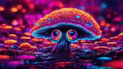 Fantasy mushroom in the forest. 3d illustration. Psychedelic hallucination.