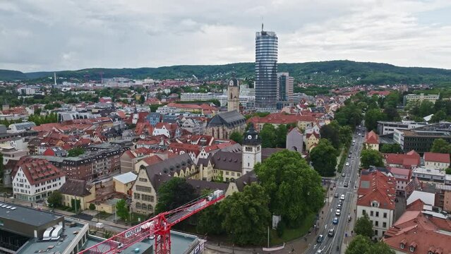 Aerial drone view of the historic old town of Jena in Thuringia, Germany