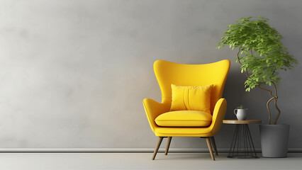 Yellow armchair in modern living room, 3d render illustration.