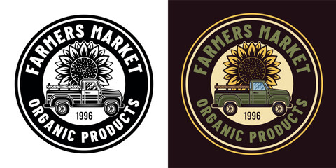 Farmers market vector emblem, badge, label with pickup car and sunflower in two styles black on white and colored