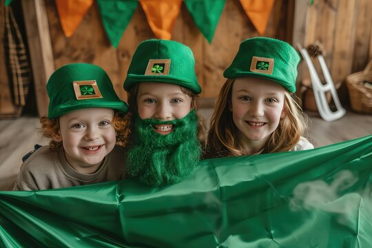 The children wear a green leprechaun hat and a beard and a clover leaf