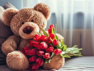 Cute fluffy brown teddy bear sits on a blurred romantic living room background and holds in his paw a bouquet of red tulips
