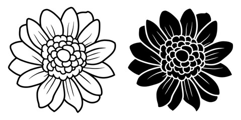 A set of two black silhouettes of flowers isolated on a white background