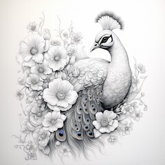 Fototapeta premium Pencil sketch nice white peacock paper flowers Generative AI