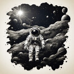 In the inky blackness of space, the silhouette of a solitary astronaut floating, graphic tshirt vector, contour, white border background