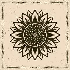 Sunflower vector vintage emblem, label, badge on background with removable grunge textures on separate layers