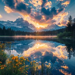 Majestic Sunset Over Lake With Mountain Backdrop