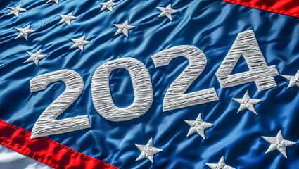 The year "2024" embroidered onto a presidential election flag