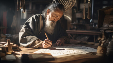 A captivating photo of a master calligrapher crafting elegant characters with meticulous precision, their concentration and the beauty of the script adding to the allure of calligraphic art. - obrazy, fototapety, plakaty