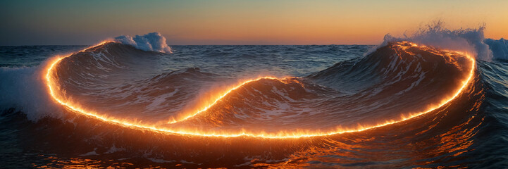 wave in the ocean with a trail of fire behind it, representing a literal fire on the water - obrazy, fototapety, plakaty