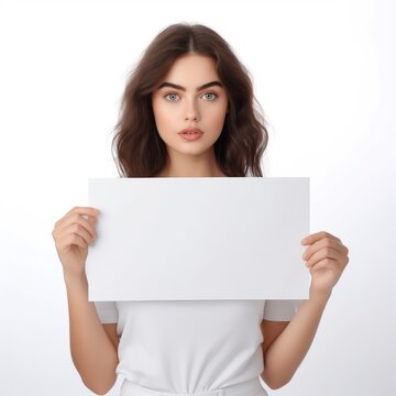 A photorealistic image of a young woman holding blank white banner isolated in white background