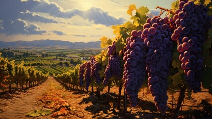A super-detailed vineyard at harvest time, rows of grapevines heavy with bunches of perfectly ripe, purple grapes, basking in the afternoon sun. - Generative AI - obrazy, fototapety, plakaty