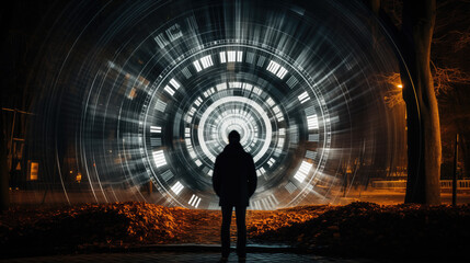 A time-bending photo of a time traveler at a temporal rift, their existence blurred as they...
