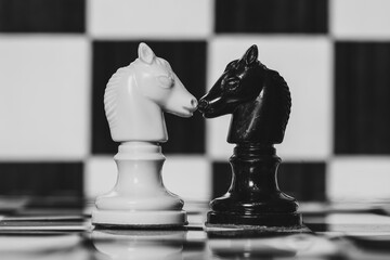 Piezas de ajedrez, caballos negro y blanco enfrentados, sobre un tablero con fondo de cuadros