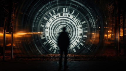A time-bending photo of a time traveler at a temporal rift, their existence blurred as they transition through eras, the enigmatic portal and echoes of different time periods adding awe and intrigue