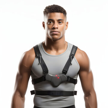 Athlete wearing a heart rate chest strap during training isolated on white background, hyperrealism, png

