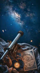 Obraz na płótnie Canvas A dark, starry night background with a telescope, a constellation map and a blank valentine's card. Future valentines. Vertical orientation. 