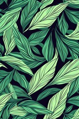 Pattern of Green Leaves on Black Background