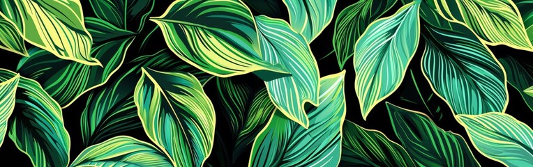 Painting of Green Leaves on Black Background