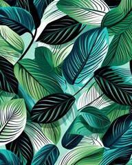 Green and Black Leaf Pattern on White Background
