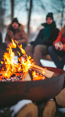 Fire pit close-up on blurred happy friends background. Winter party outside