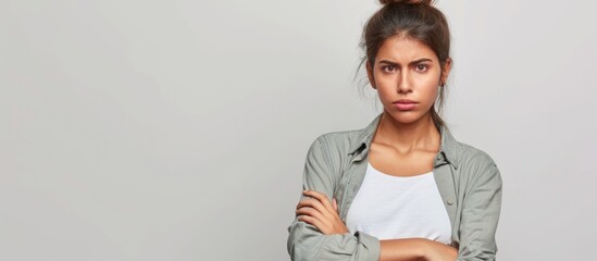 Doubtful Middle Eastern woman in casual attire, with crossed arms and disapproving look.