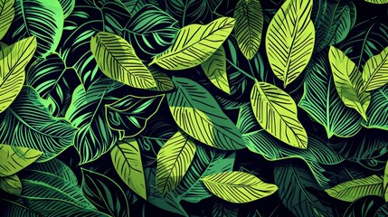 Painting of Green Leaves on Black Background
