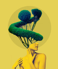 Creative art collage, design of woman and tree instead of a head and body.