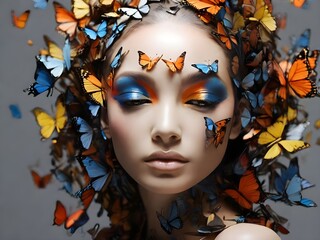 Futuristischer Frauenkopf von farbenfrohen Schmetterlingen umgeben