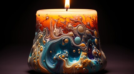 A top view of a melting candle with wax pooling and solidifying in fascinating textures and patterns.
