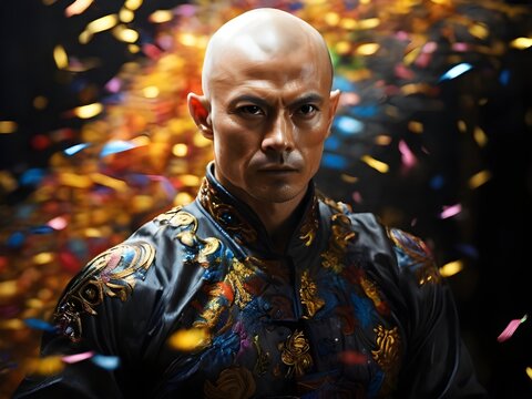 Futuristischer Kung-Fu-K&auml;mpfer von farbenfrohen Bl&uuml;ten umgeben