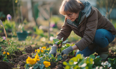 Middle aged woman plants flowers in the garden. Spring time - obrazy, fototapety, plakaty