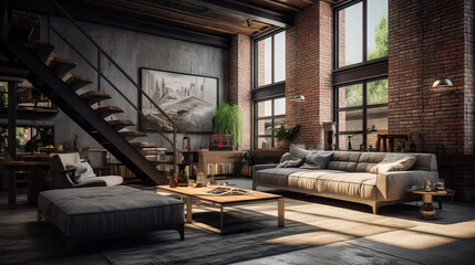 Industrial Style Loft Apartment with arch windows and indoor balcony - obrazy, fototapety, plakaty