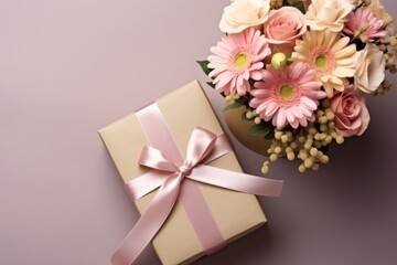Bouquet of flowers with gift on light background, space for text. Birthday greetings, March 8, Mother's Day.