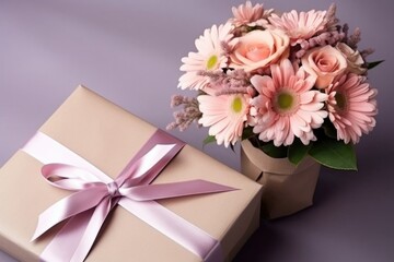 Bouquet of flowers with gift on light background, space for text. Birthday greetings, March 8, Mother's Day.