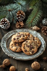 Chocolate Chip Cookies on a Plate With Pine Cones