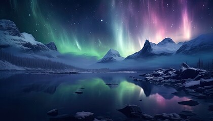 Naklejka premium View of night sky with multicolored aurora borealis and snowy mountains peak background. Night glows in vibrant aurora reflection on the lake with forest. 
