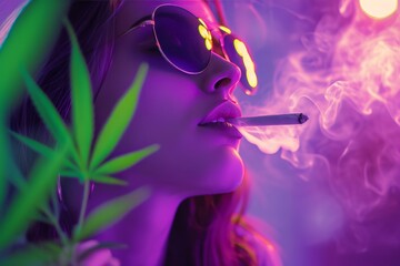 Obraz premium young woman smoking cigar, cannabis leaf, 420 celebration