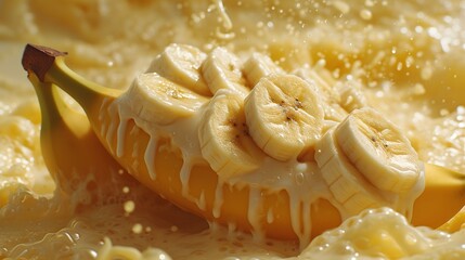 Close-up with banana slices of fresh milk 
