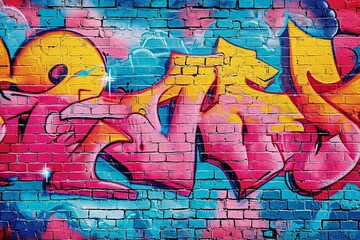 Obraz premium Colorful Graffiti Adorns Weathered Brick Wall