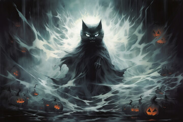 Ghost black spooky cat and pumpkin