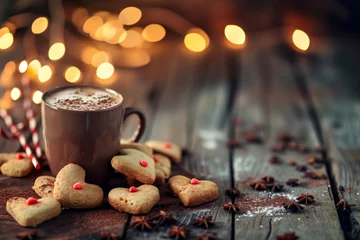 Rolgordijnen Hear shaped cookies and hot drink © Tixel