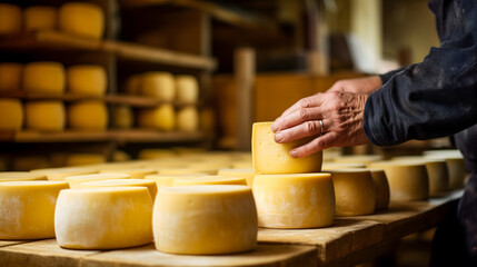 Un fromager contrôle la qualité des fromages affinés alignés sur des étagères en bois. - obrazy, fototapety, plakaty