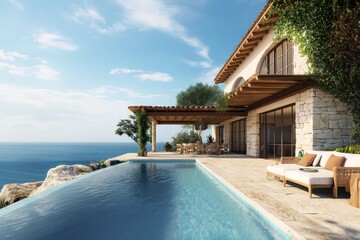 Mediterranean style house with swimming pool and view at sea.