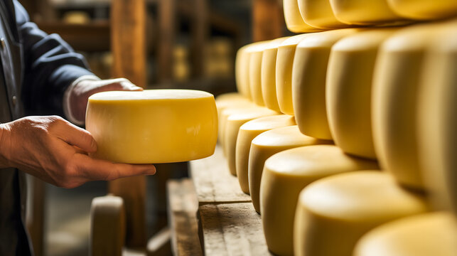 Un fromager en train de ranger des meules de fromage pour l'affinage. 